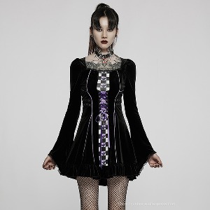 [펑크레이브] PUNK RAVE 고스로리타 투톤체크 바이올렛리본 블랙벨벳 레이스트림 드레스 (S)